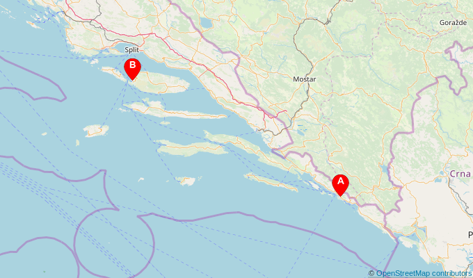 Map of ferry route between Dubrovnik and Milna (Brac)
